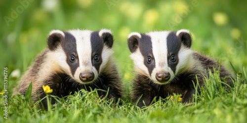 Two young badgers, known scientifically as Meles meles, are captured in a summer meadow. One badger faces forward while the other badger forages in the grass. Space for copy included. photo