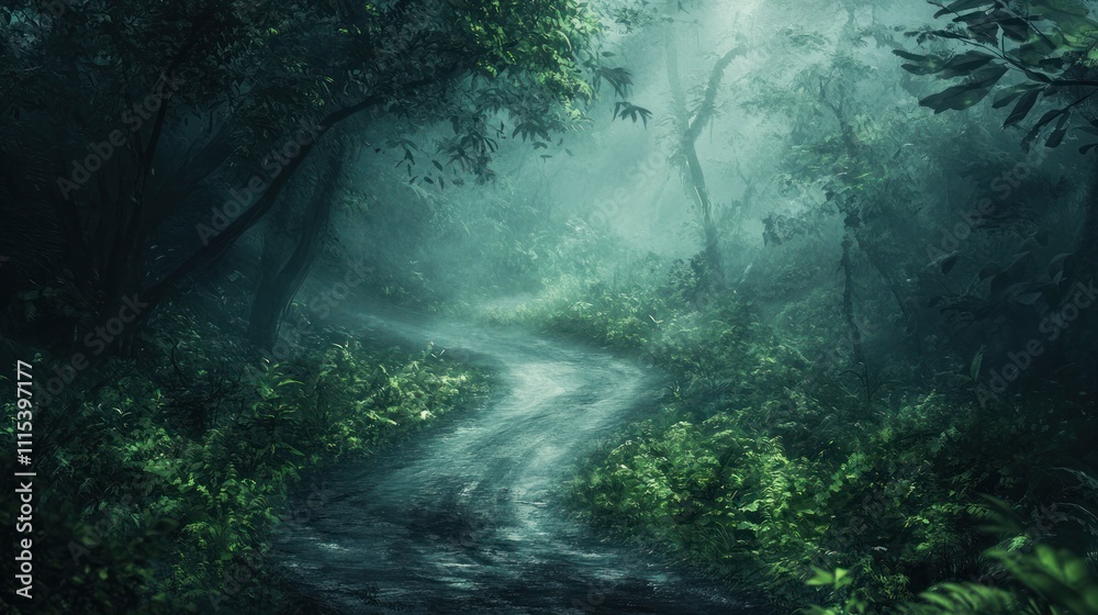 Obraz premium Mysterious fog shrouds a winding path through a lush, green forest.