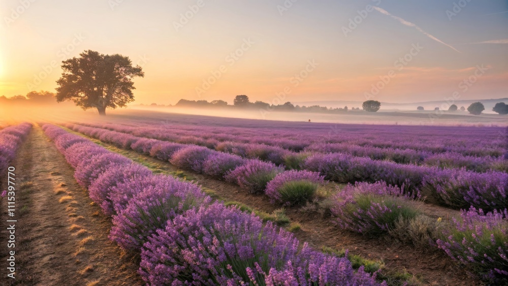 Fototapeta premium Picturesque lavender field at sunrise with rows of purple blooms