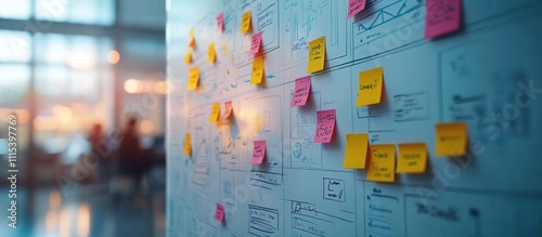 A whiteboard covered in colorful sticky notes with handwritten notes.