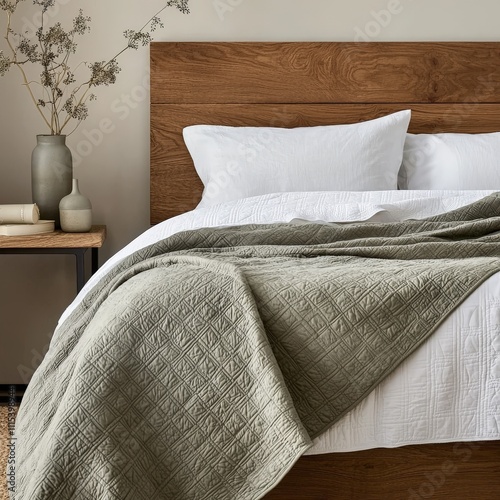 a solid wooden bed with white linen and olive green bedding