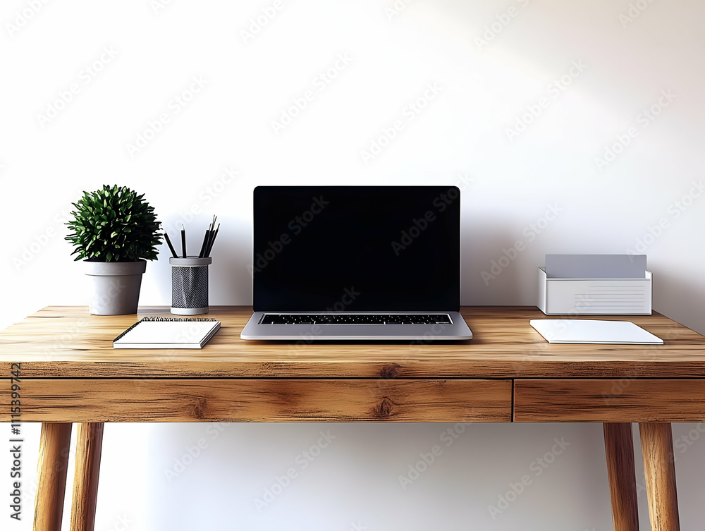 Fototapeta premium Minimalist Workspace Desk Setup with Laptop Plant Notebook Plain Background