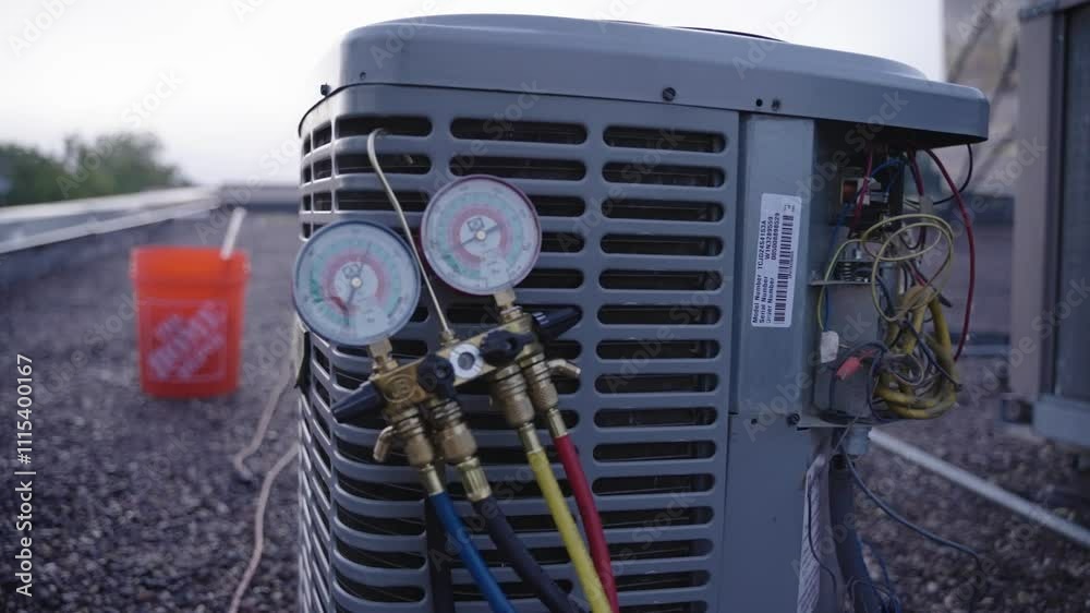 Manifold gauge on air conditioning unit for checking its pump filling capacity. Blurred background.