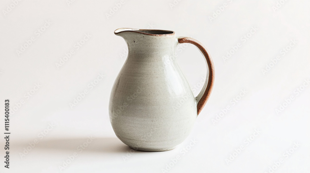 white ceramic pitcher with brown handle on white background