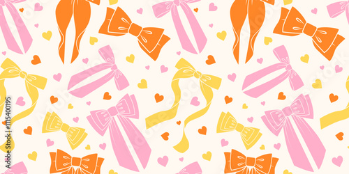 Hair bow seamless pattern with cute pink vintage ribbons. Vector illustration with trendy decorative girly elements and hearts. Flirtatious background for holidays and party.