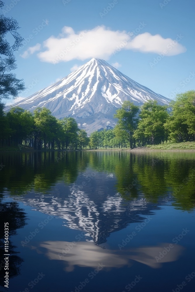 Majestic snow-capped mountain reflecting in a serene lake surrounded by lush green trees. Majestic snow-capped mountain reflecting in a serene lake surrounded by lush green trees.