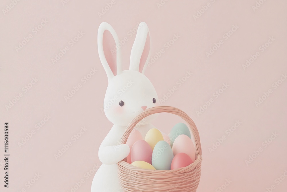 Fototapeta premium Cute Bunny Holding Easter Basket with Colorful Eggs on Pink Background