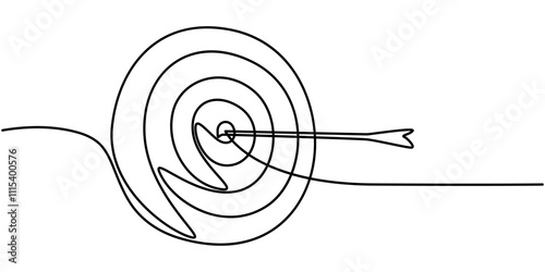 Continuous one line drawing of arrow on the target. Arrow archery business challenge metaphor line art drawing vector illustration, Drawn in a single continuous line. Image of a professional archer.