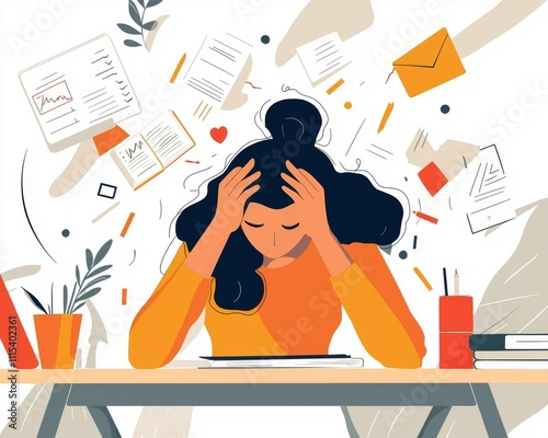 A stressed young woman of Hispanic descent holds her head in frustration surrounded by papers and distractions. photo