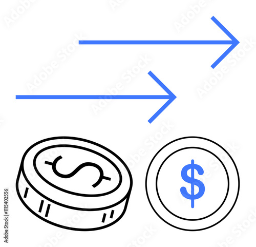 Blue arrows pointing right above two coins with dollar symbols. Ideal for finance, investments, payment systems, money transfers, banking, economic growth, exchange rates. Line metaphor