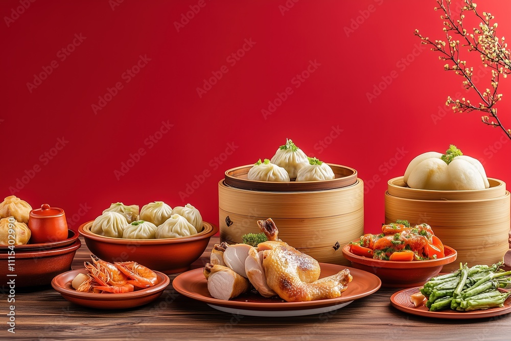 A table filled with traditional Chinese New Year dishes, including steamed chicken and duck with rice wine in wooden pots, dim sum buns, shrimp sculptures, hot pot ingredients on plates A table filled with traditional Chinese New Year dishes, including steamed chicken and duck with rice wine in wooden pots, dim sum buns, shrimp sculptures, hot pot ingredients on plates