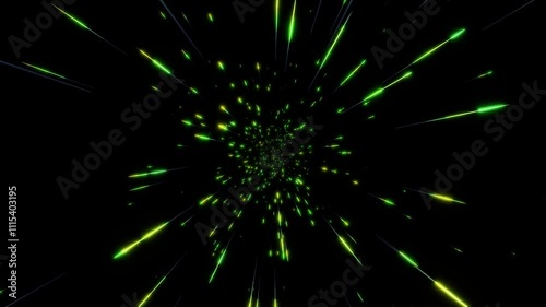 緑色のパーティクルが放射状にキラキラ輝く宇宙の流星のような背景