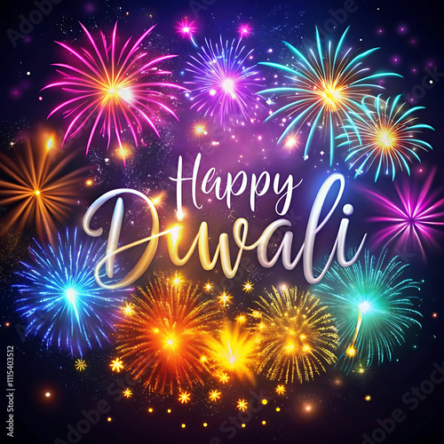 Vibrant Fireworks Light Up Night Sky: Happy Diwali Celebration Below