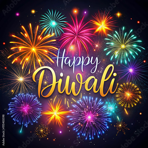 Vibrant Fireworks Light Up Night Sky: Happy Diwali Celebration Below
