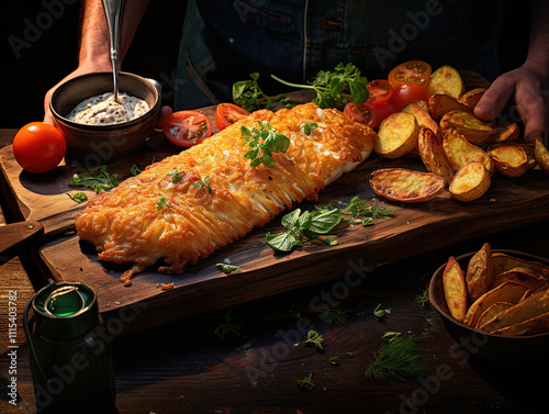 Attractive Crispy Golden Fish and Chips with Tartar Sauce and human hand