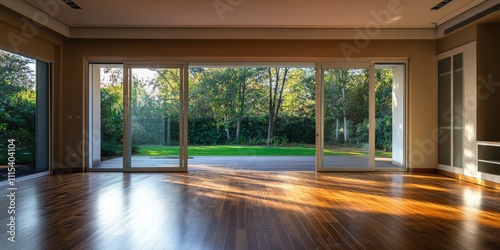 Spacious empty living room featuring large sliding doors that lead to a backyard, creating an inviting atmosphere in the living room while enhancing the potential for natural light.