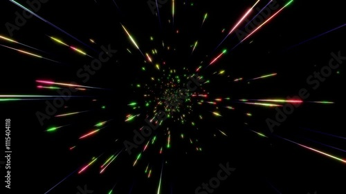 虹色のパーティクルが放射状にキラキラ輝く宇宙の流星のような背景