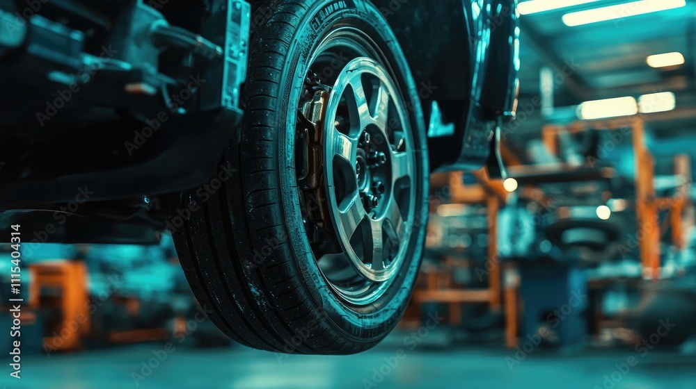 Fototapeta premium Close-Up of Sports Car Wheel in Automotive Workshop Setting
