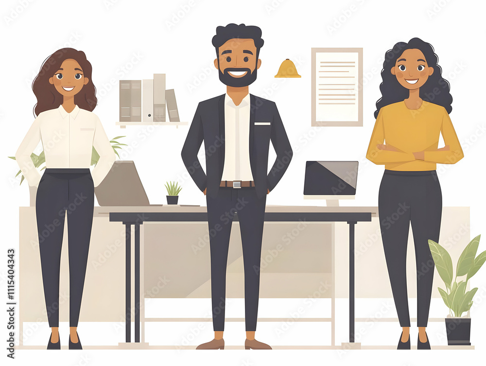 Fototapeta premium Multicultural Team Collaborating on Presentation in Bright Modern Office Vector Illustration