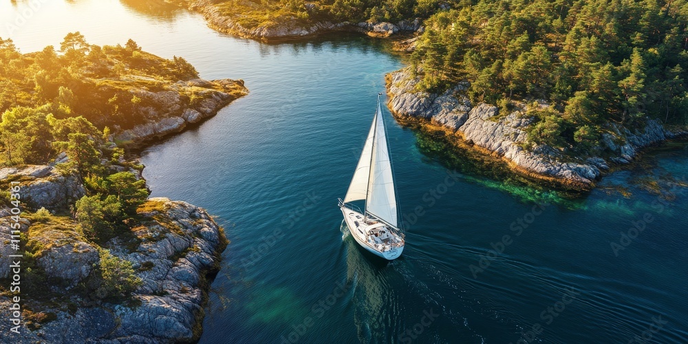 Fototapeta premium A sailboat glides through serene waters during summer holidays, capturing the essence of adventure and relaxation offered by an idyllic sailing experience in the archipelago.
