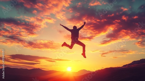 Wallpaper Mural Silhouette of a Young Man Jumping With Joy Against a Colorful Sunset Sky in a Symbolic New Year Scene Torontodigital.ca