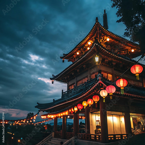 Majestic Temple Illuminated: Lights Against a Darkened Sky