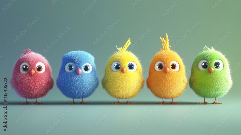 Fototapeta premium Set of 3D Cute Bird Characters in Vibrant Colors on Light Background for Playful and Whimsical Design