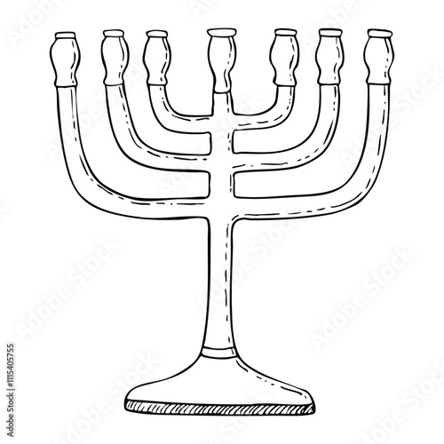 Classic Jewish menorah simple black and white line vector illustration for coloring. Judaic religious candelabrum with no candles ink drawing for Israel traditional symbols of faith