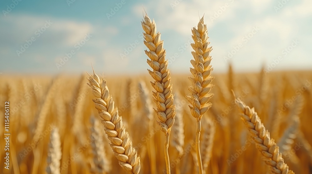 Fototapeta premium Golden wheat stalks in a field under a blue sky.