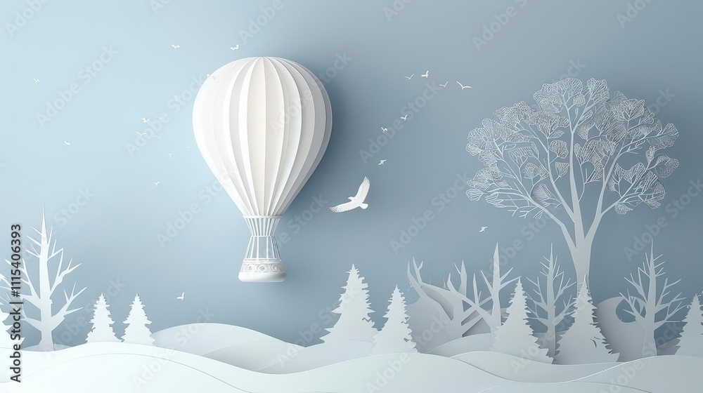 Obraz premium Peaceful Morning Flight. Tranquil Hot Air Balloon Journey Over Natural Landscape concept