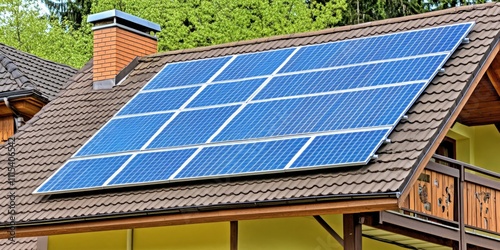 Solar photovoltaic panels installed on a residential roof, showcasing a modern house equipped with a self sustaining energy system powered by solar photovoltaic panels for sustainable living. photo