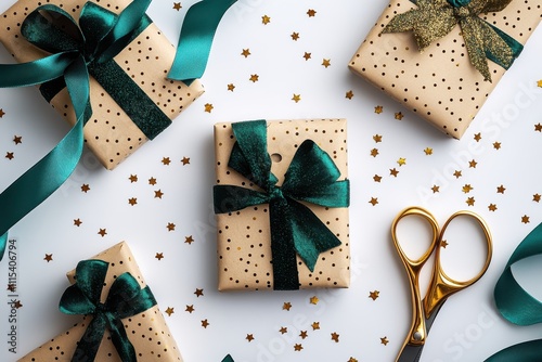 Wrapped gifts with green ribbons and gold star confetti on a white background