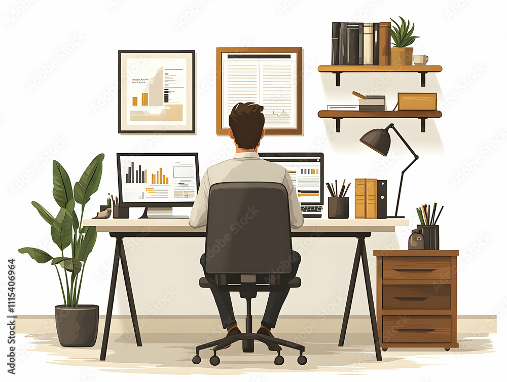 Fototapeta premium Remote Team Member Working in Stylish Home Office with Copy Space