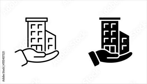 Building ownership linear icon set. Real estate business. Hand holds architectural structures. vector illustration on white background