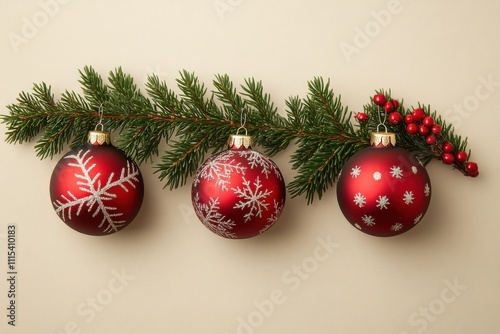 Decorative red Christmas ornaments and evergreen branch with berries arranged on a neutral background for holiday spirit