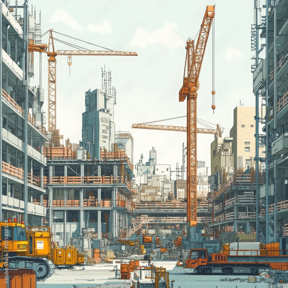 Colorful Cartoon Construction Site Illustration Colorful Cartoon Construction Site Illustration