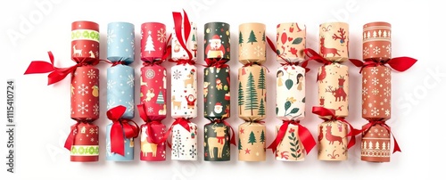 Festive Christmas Crackers with Santa, Reindeer, and Bright Red Ribbons