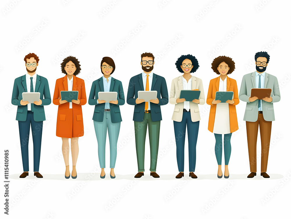 Obraz premium Diverse Professionals Collaborating with Tablets in Soft Abstract Background Vector Illustration