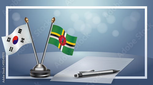 South Korea and Dominica Small national flag on bokeh background, cooperative relationship