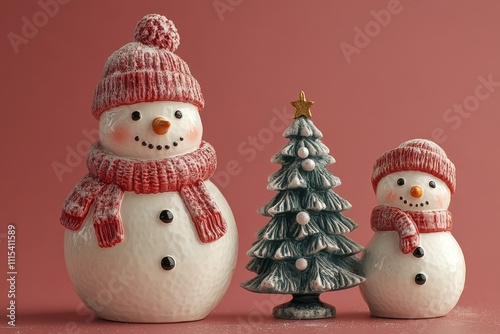 Charming holiday decorations featuring snowmen and a Christmas tree against a warm background