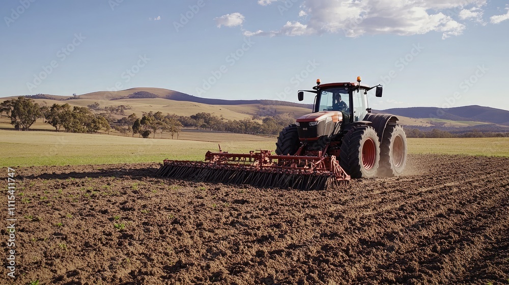 Fototapeta premium Agricultural Tractor Tilling Soil in Rural Landscape under Blue Sky