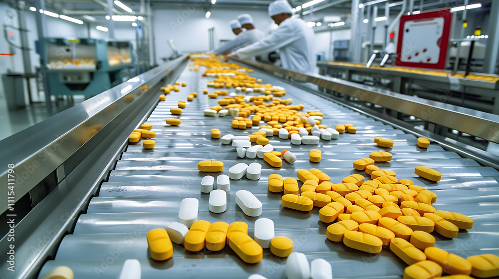 Obraz premium antibiotic tablet production line, pharmaceutical manufacturing. high resolution image. created with Generative AI technology