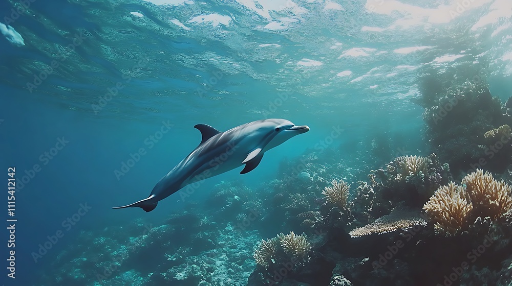 Obraz premium A dolphin swimming gracefully through a vibrant coral reef underwater.