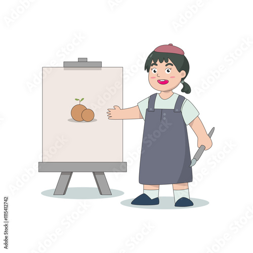 The little girl is painting fruit with a happy expression photo