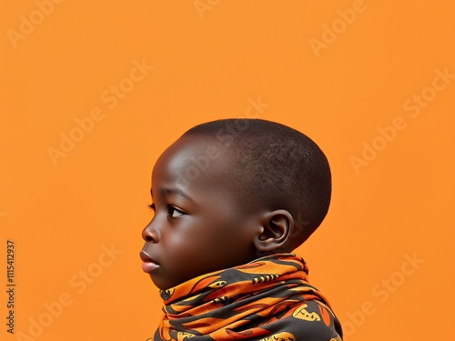 there is a young boy with a scarf on his neck. photo