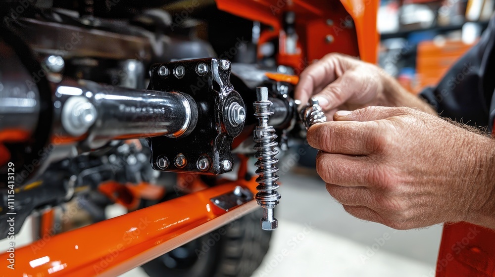 Obraz premium Hands Working on Mechanical Parts of a Vehicle in Workshop Environment
