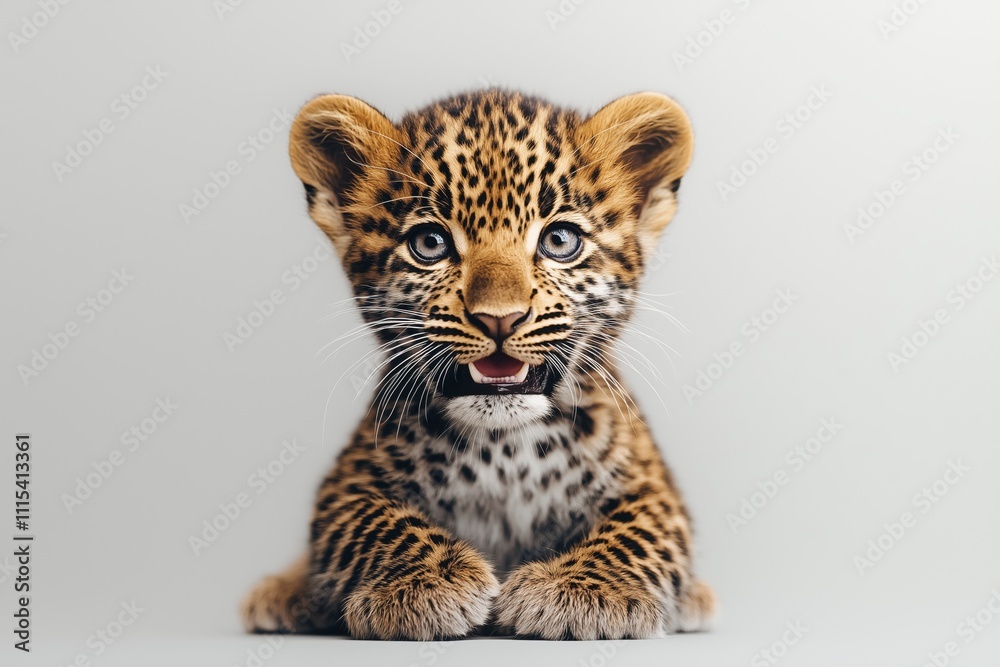 Obraz premium Studio photo of a cute leopard cub isolated against a white background. Wildlife and conservation concept, space for copy.