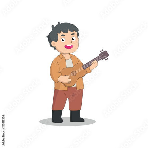 A cute little boy sings and plays the guitar joyfully