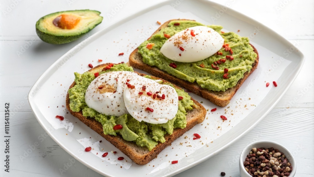 Flat lay of avocado toast topped with poached eggs and spices Flat lay of avocado toast topped with poached eggs and spices