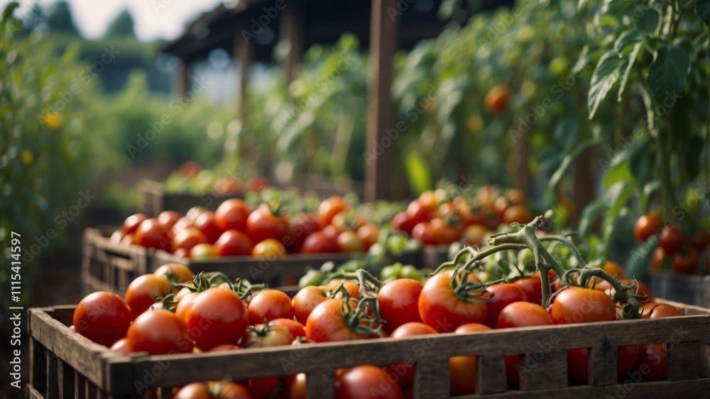 Fresh tomatoes harvested in a vibrant farm setting during summer Fresh tomatoes harvested in a vibrant farm setting during summer